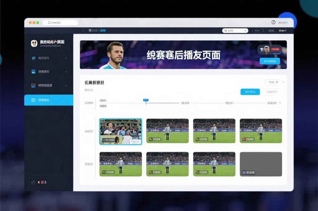 比赛结束后，电视屏幕展示集锦回放页面，旁边有时间轴和多角度切换提示